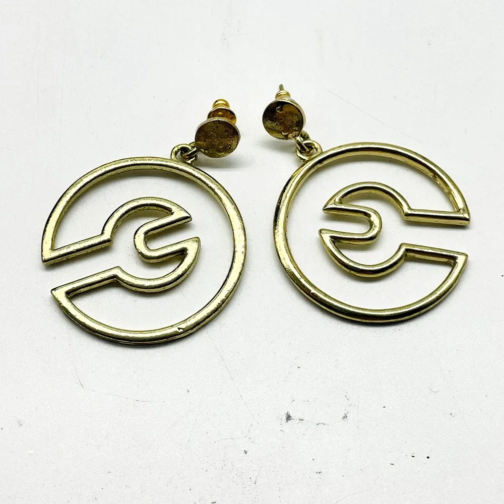 Vintage Gold Tone Pierced Earrings Open Circle Swirl Geometric Statement Retro